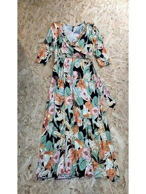 Janette Floral Maxi Dress Womens Small Medium Faux Wrap V-Neck 3/4 Sleeve